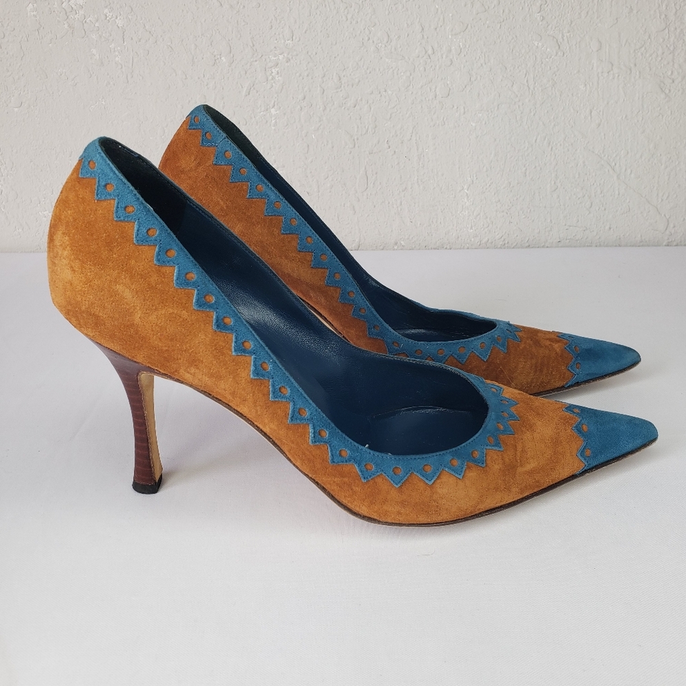 Manolo Blahnik Teal Tan Heels Pointy Toe - Picture 5 of 12